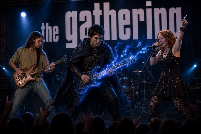 Rock band performs live at The Gathering festival, central cloaked guitarist plays a glowing blue...