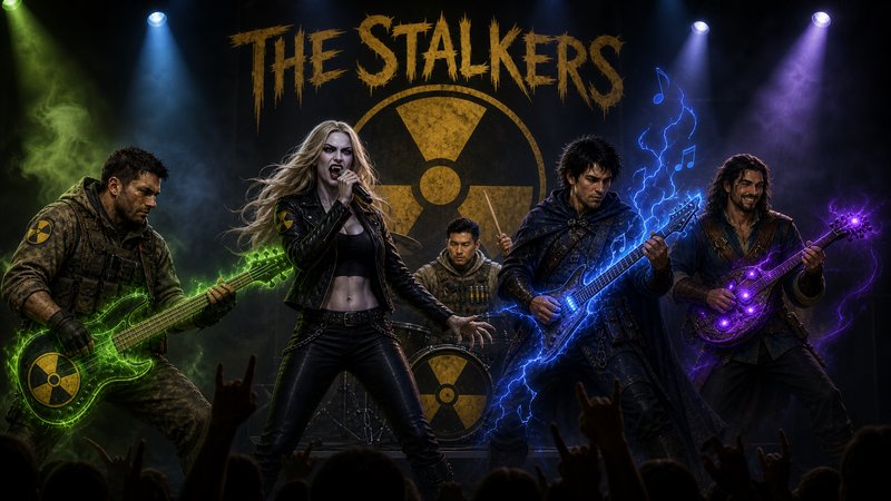 Fictional metal band The Stalkers perform live on stage with glowing magical radiation-themed cus...