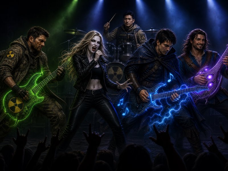 Fantasy heavy metal band performs live on stage with glowing magical neon instruments, fierce fem...