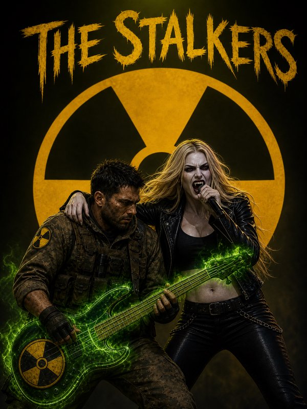 The Stalkers metal band poster: soldier plays glowing radioactive bass, aggressive female vocalis...
