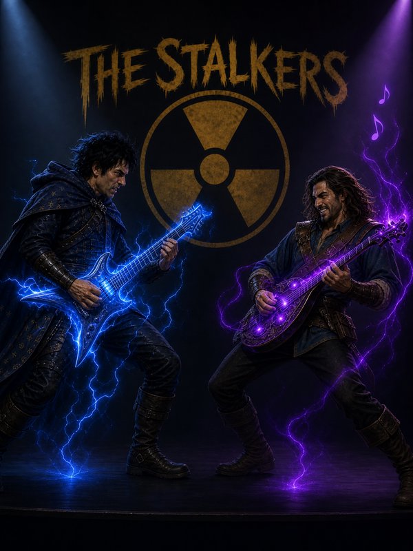Two fantasy warrior musicians play glowing lightning guitars for metal band The Stalkers on a lit...
