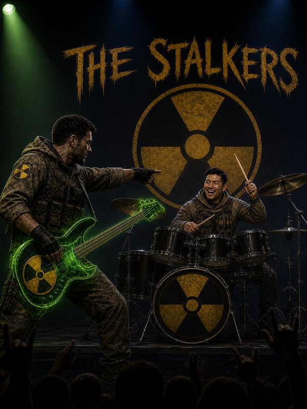 The Stalkers metal band live performance: bassist with glowing radiation bass points at laughing ...