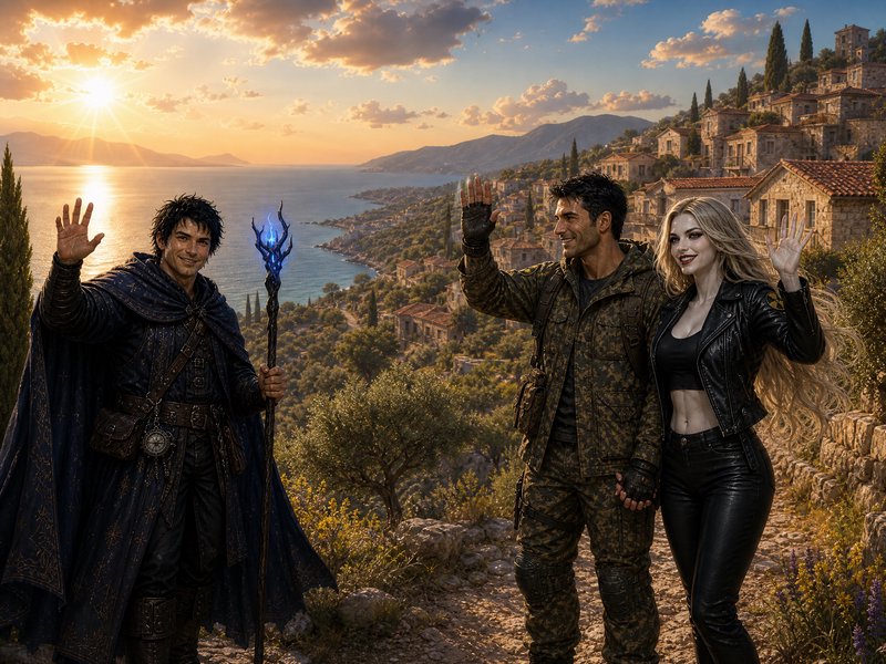 Three fantasy adventurers wave from a cliffside path overlooking a Mediterranean coastal village ...