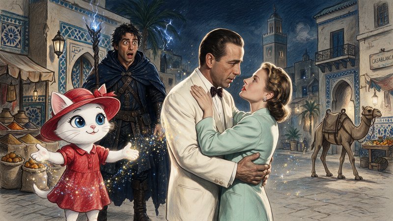 Surreal fantasy crossover of Casablanca characters, an anthropomorphic cat, and a shocked wizard in a Moroccan night market