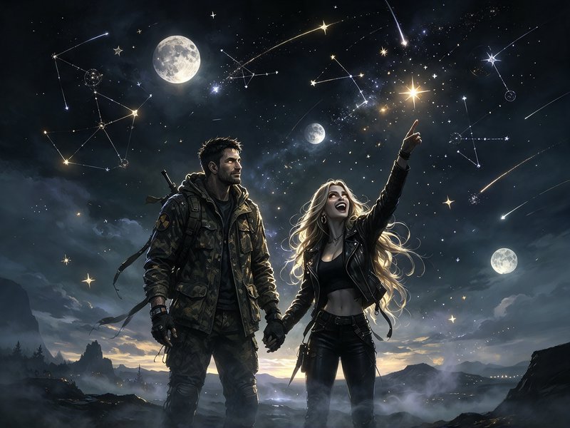 Survivalist couple holding hands, woman pointing up at a starry sky with multiple full moons above misty mountains