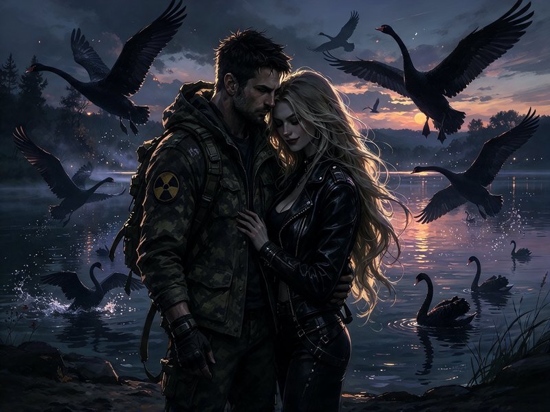 Rugged tactical man and blonde woman embrace on a lakeshore surrounded by black swans at dusk
