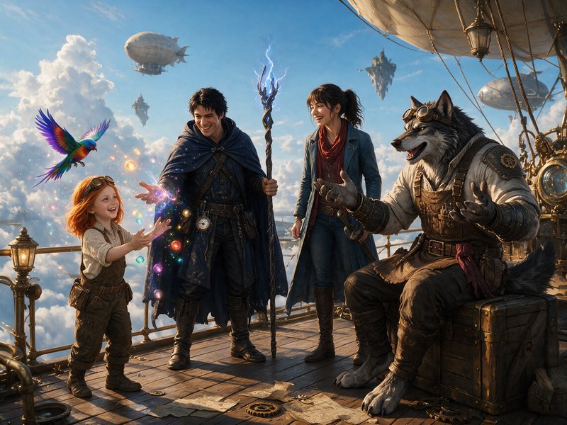 Diverse fantasy crew laughs on a steampunk airship deck high above clouds as a wizard conjures glowing magic orbs