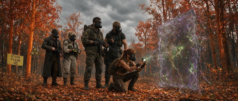 Squad of masked stalkers scan a glowing crackling energy anomaly in a radioactive autumn exclusion zone