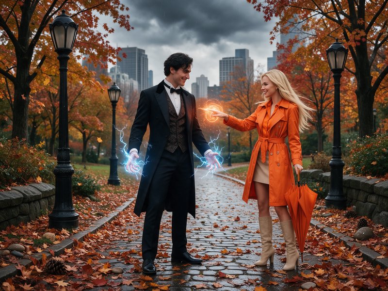 Magical couple cast glowing opposing spells at each other on a wet cobblestone autumn city park path