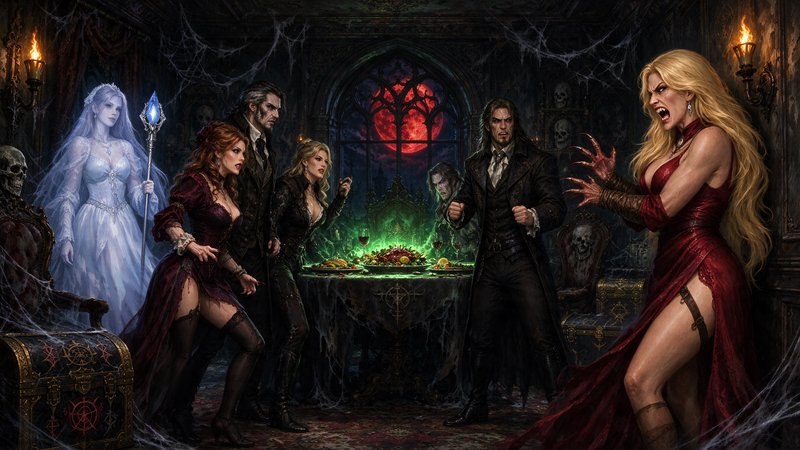 Tense standoff between supernatural vampire and undead figures in a cobweb-covered gothic banquet hall under a red blood moon