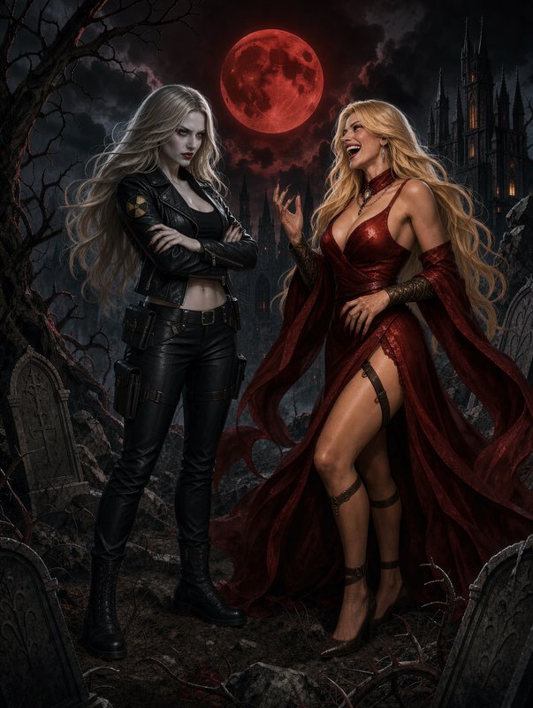 Two blonde vampire women stand in an overgrown graveyard beneath a bright red blood moon