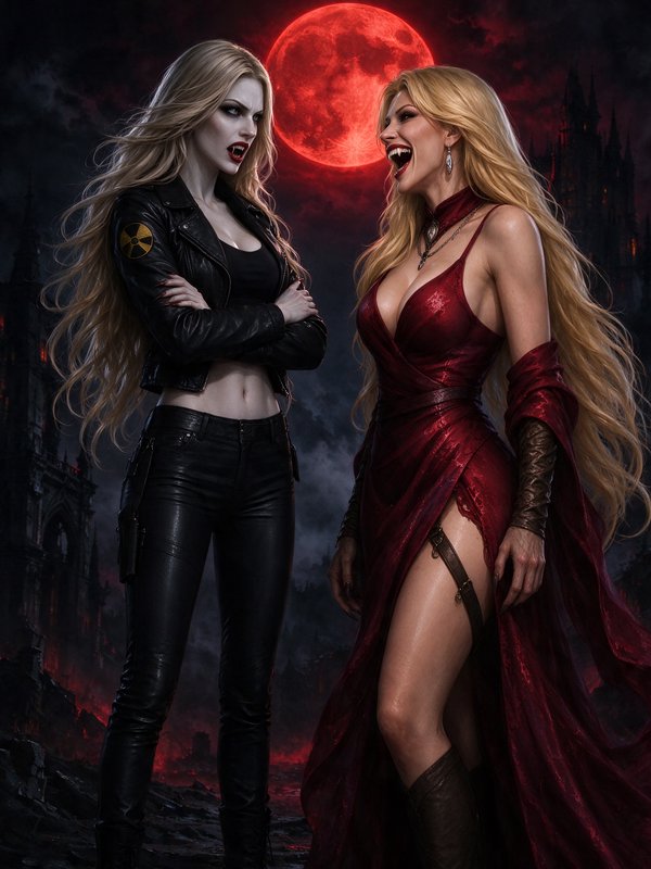 Two blonde vampire women face each other under a glowing red blood moon with gothic castle ruins in the background