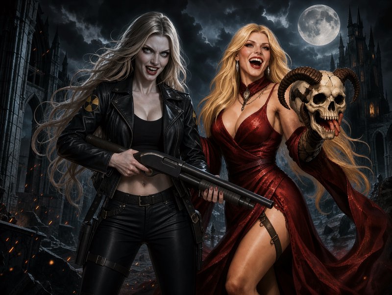 Two fierce vampire women, one holding a shotgun, the other a horned demon skull, stand before a gothic castle under a full