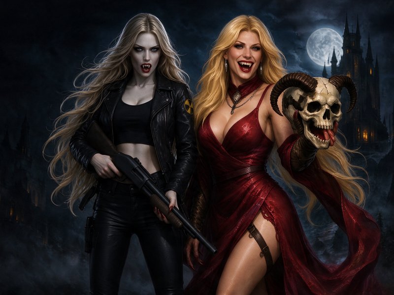 Two fierce blonde vampire women, one holding a shotgun and the other a horned demon skull, stand before a moonlit gothic