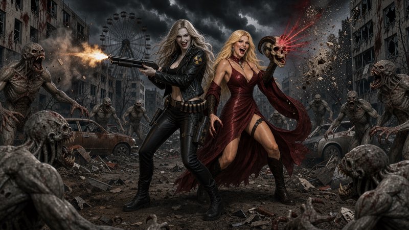 Two fierce women fight hordes of grotesque zombie monsters in a ruined post-apocalyptic city street