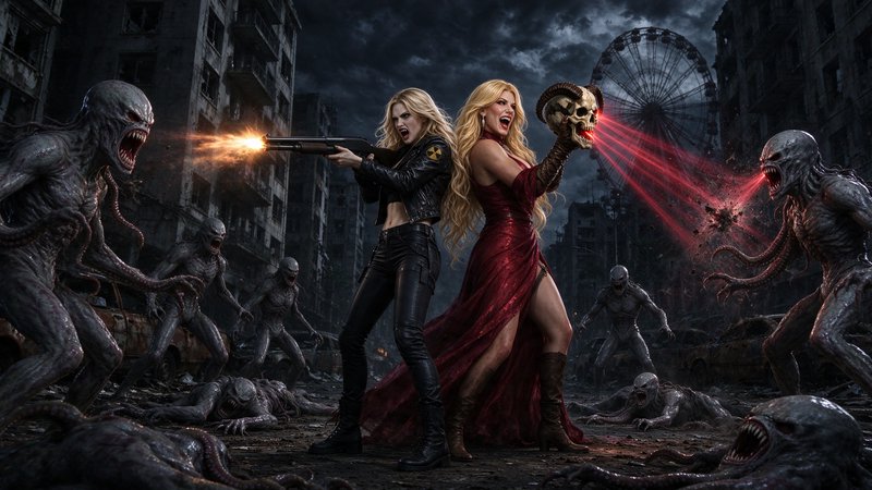 Two fierce blonde women battle tentacled alien monsters in a crumbling post-apocalyptic city