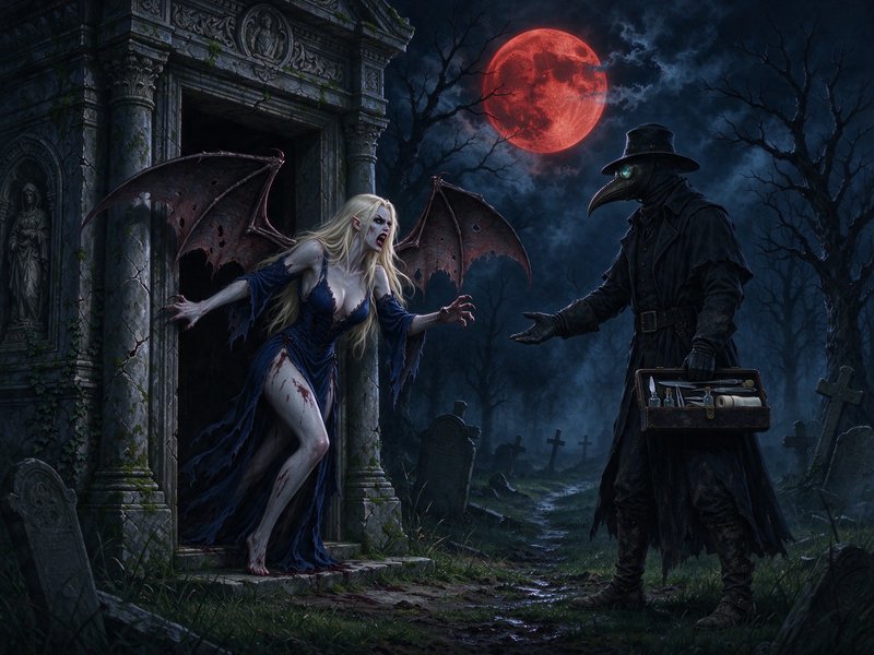 Winged feral vampire emerges from a stone mausoleum to face a plague doctor under a blood red moo...