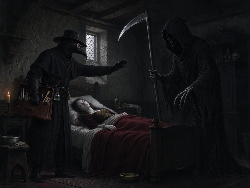 Plague doctor gestures between a bedridden ill woman and hooded Grim Reaper in a dim medieval cottage