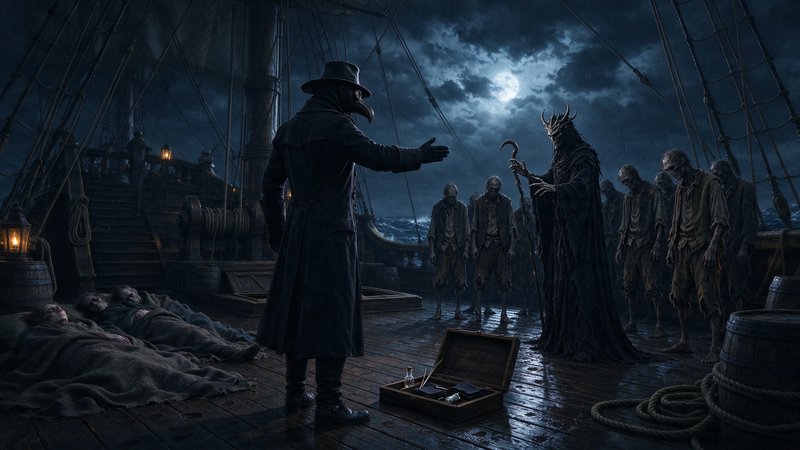 Plague doctor gestures toward a horned undead ruler on a stormy moonlit ghost ship deck