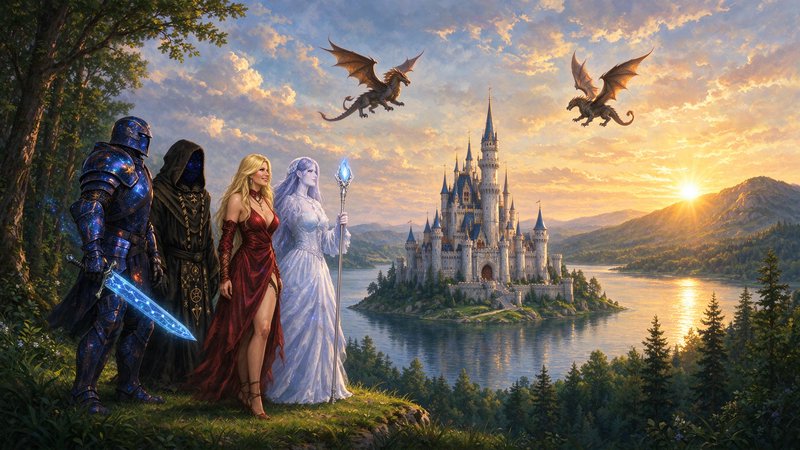Fantasy adventurer party stands on a cliff overlooking a fairytale island castle with flying drag...