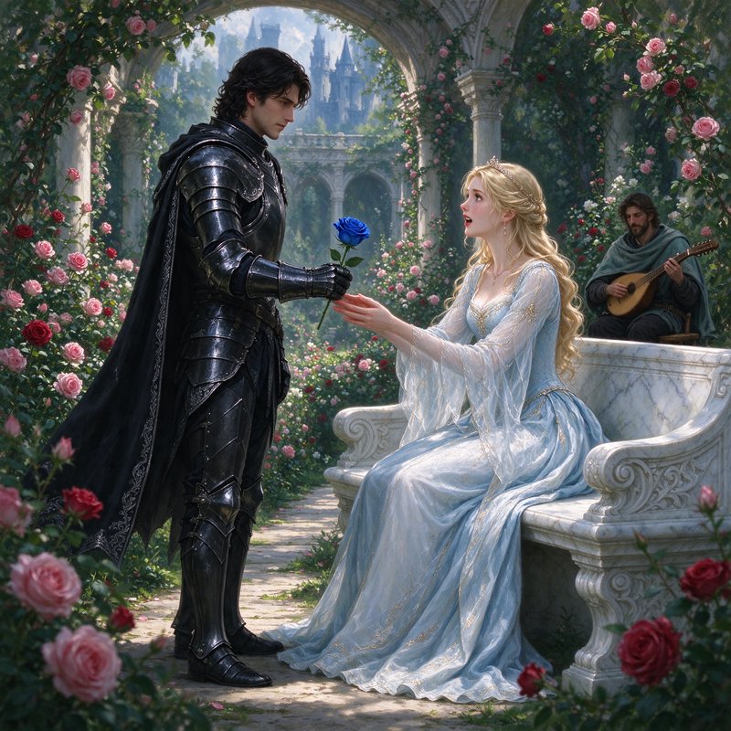 Armored knight offers a blue rose to a seated princess in a blooming fairytale rose garden