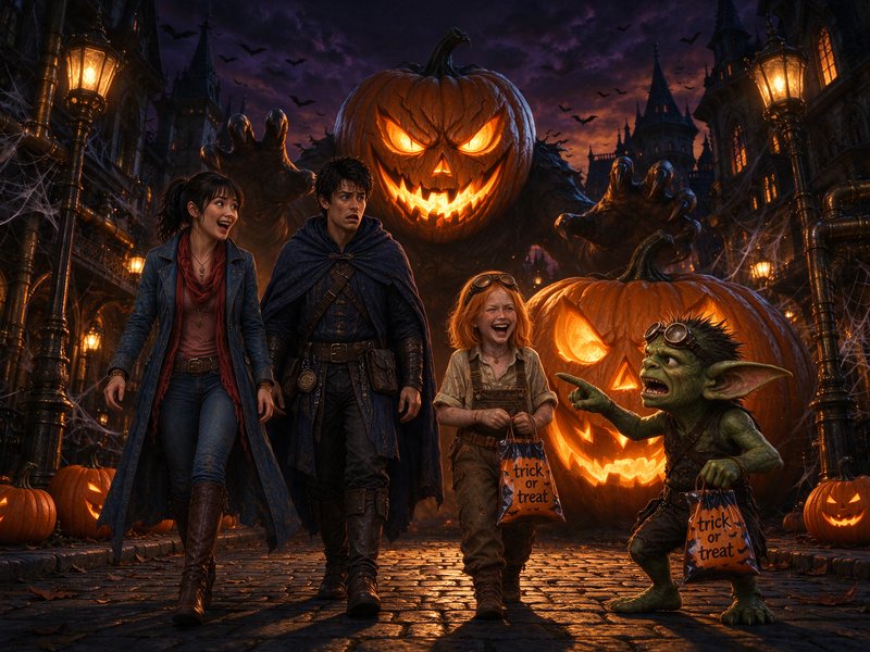 Startled trick-or-treaters walk a spooky gothic Halloween street as a giant pumpkin monster looms...