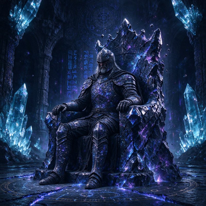 Armored fantasy king seated on a glowing jagged crystal throne in an arcane underground cavern