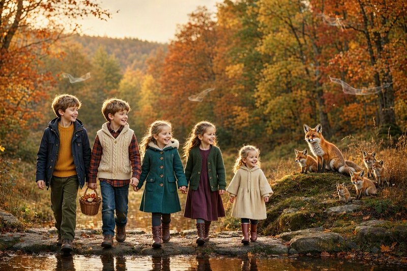 Five smiling young children walk across a stone stream beside a red fox family in an autumn forest