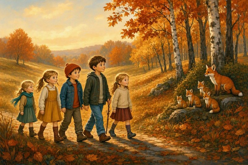 Five young children walking an autumn forest path spot a family of red foxes resting on nearby rocks