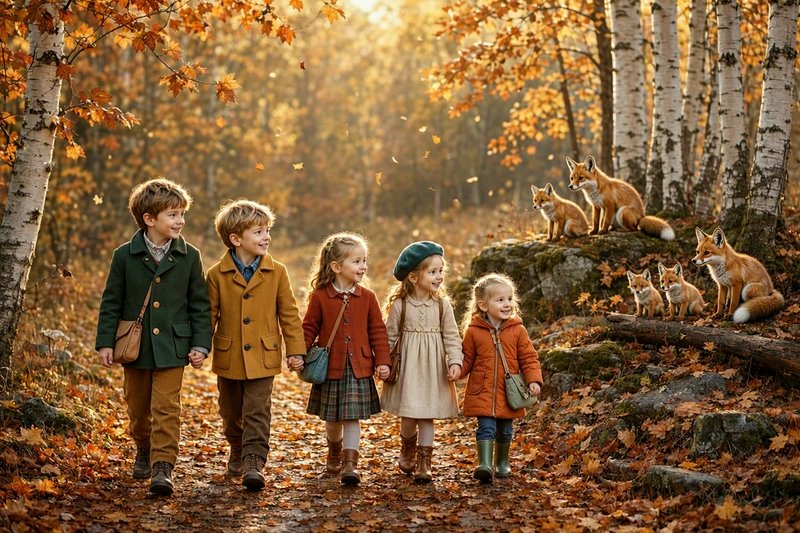 Five young children holding hands walk an autumn forest path while watching a family of red foxes