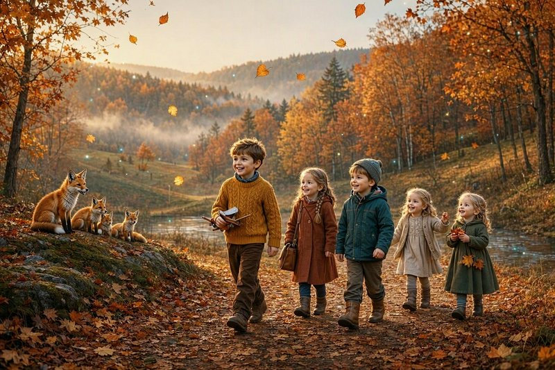 Group of young children walking along an autumn forest path as a family of red foxes watches nearby.