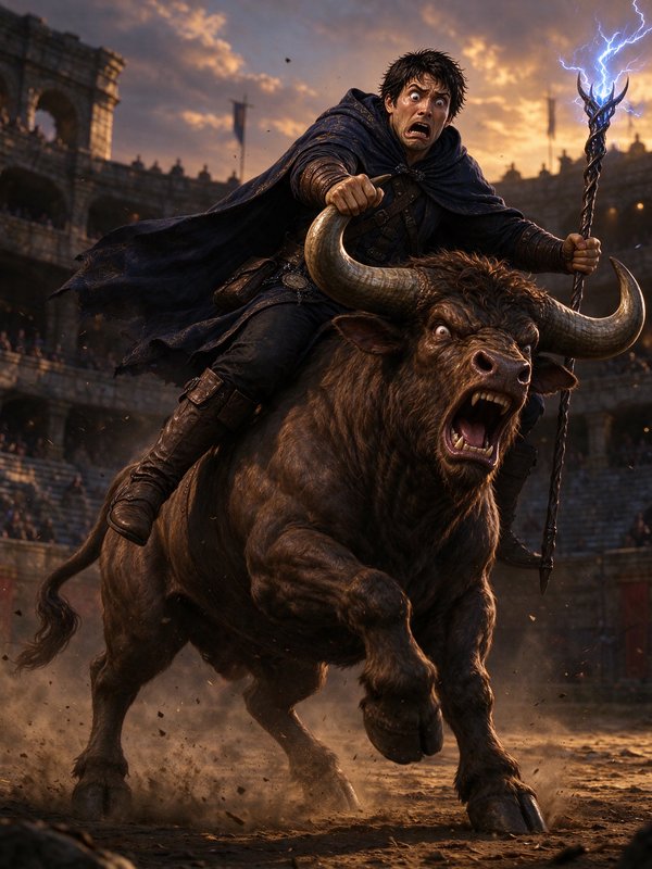 Panicked wizard clutching a lightning staff rides a raging giant horned bull inside a stone colis...