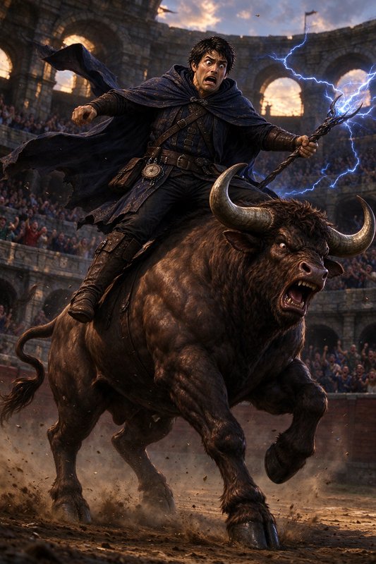 Startled fantasy mage rides a roaring giant horned bull wielding a lightning staff inside a stone...