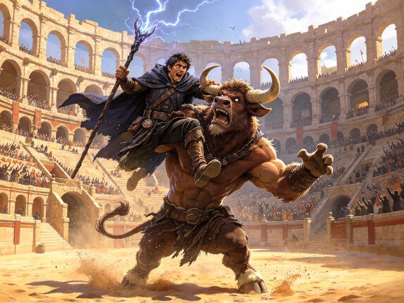 Lightning-wielding wizard battles a roaring minotaur inside a packed ancient stone coliseum