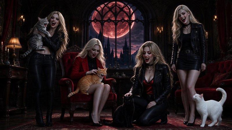Four blonde vampire women with cats in a gothic manor under a glowing red blood moon