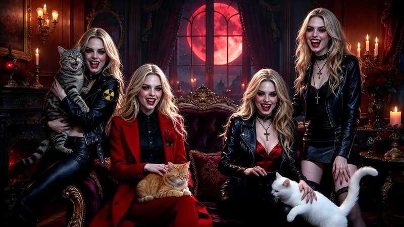 Four grinning blonde vampire women hold pet cats while posing in an ornate gothic room under a gl...