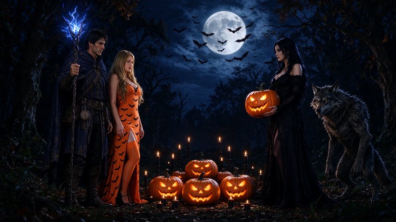 Fantasy Halloween gathering in a moonlit haunted forest with glowing jack-o-lanterns, characters,...