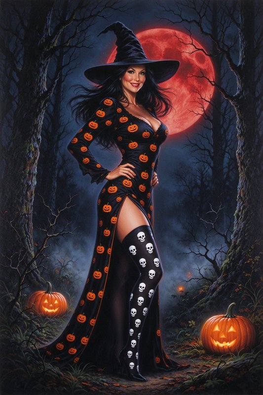Glamorous Halloween witch poses in a misty spooky forest beneath a glowing red blood moon and lit...