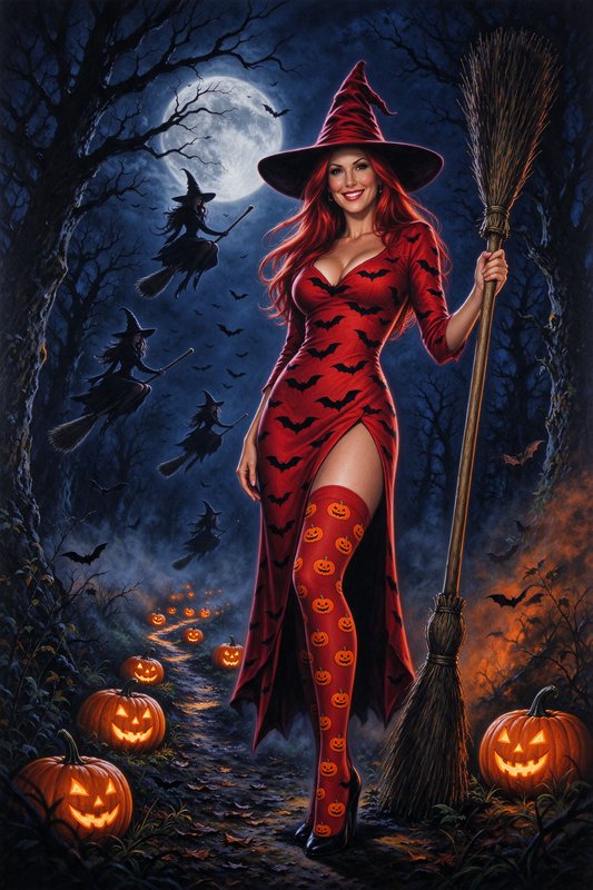 Smiling red Halloween witch holding a broom on a moonlit jack-o'-lantern lined forest path