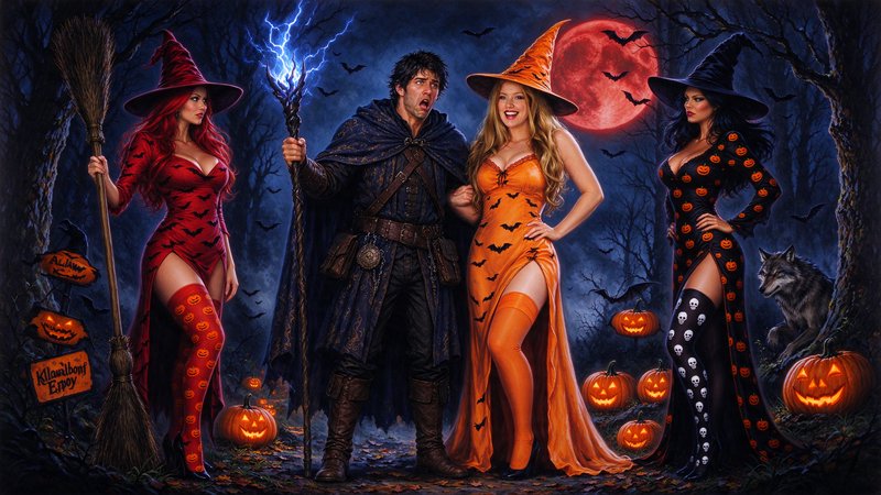 Three stylish witches and a startled warlock stand in a spooky Halloween forest under a red full ...