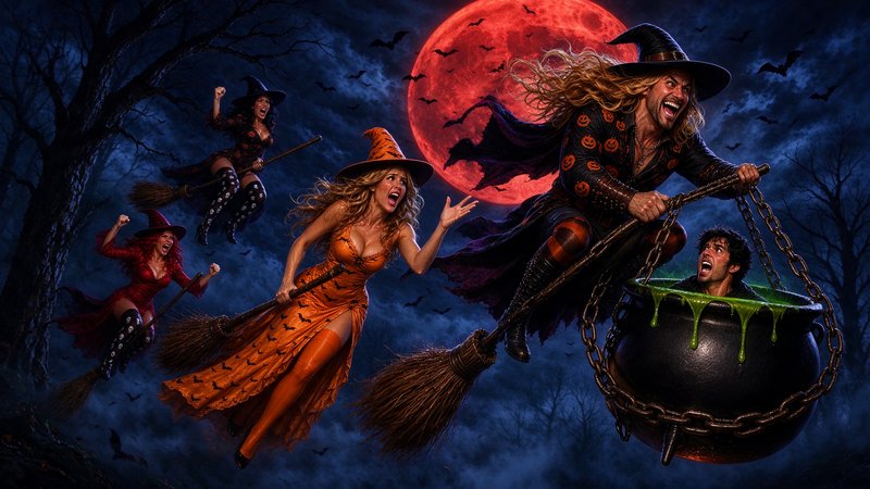 Coven of flying witches soar under a blood red moon, one carrying a panicked man in a slime-fille...