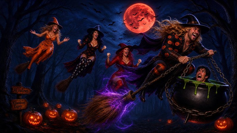 Flying witches chase a costumed warlock carrying a screaming man in a cauldron under a glowing red Halloween moon