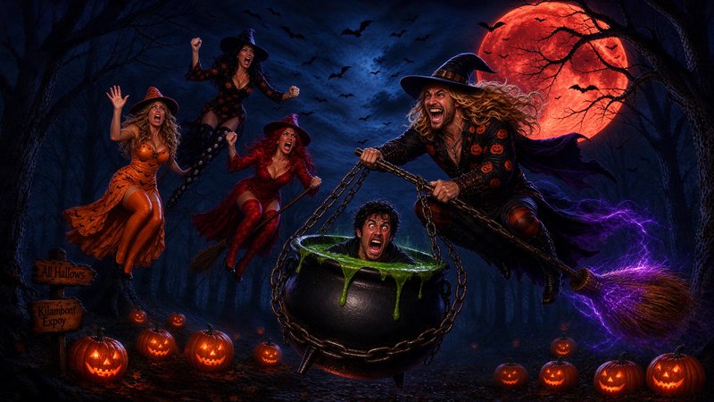 Group of costumed Halloween witches flying through a spooky forest with a panicked man trapped in...