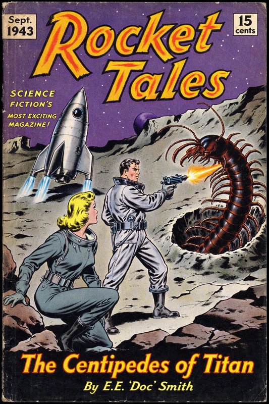 1943 Rocket Tales sci-fi comic cover of astronauts fighting a giant centipede alien on a rocky alien moon surface