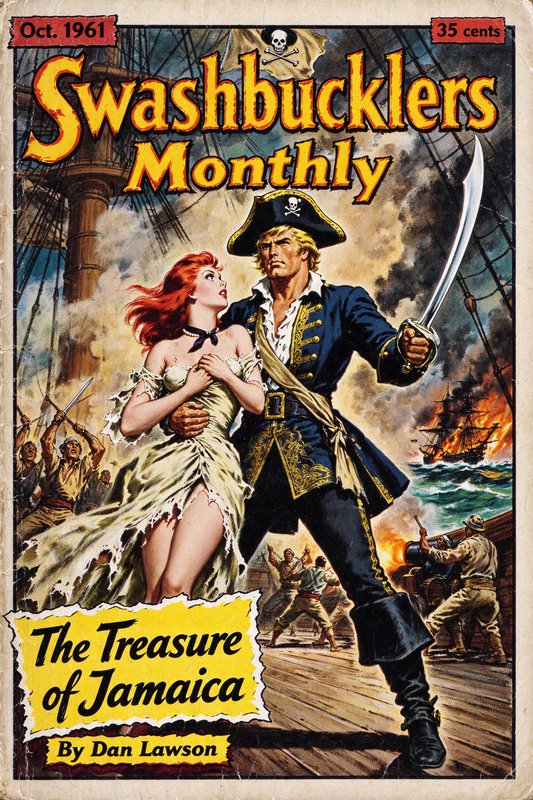 Vintage 1961 Swashbucklers Monthly pulp cover of a pirate protecting a red-haired woman during a ...