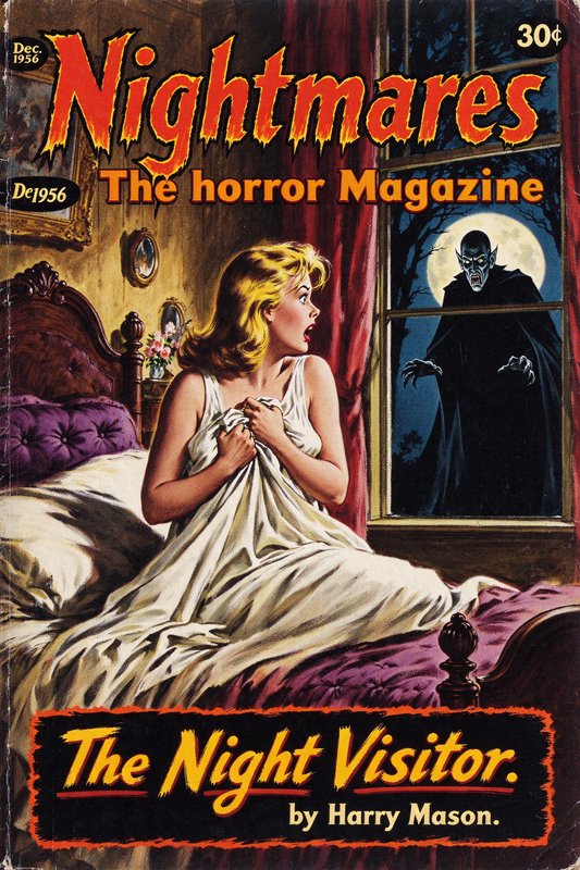 1956 vintage horror magazine cover of a terrified woman spotting a vampire outside her bedroom window
