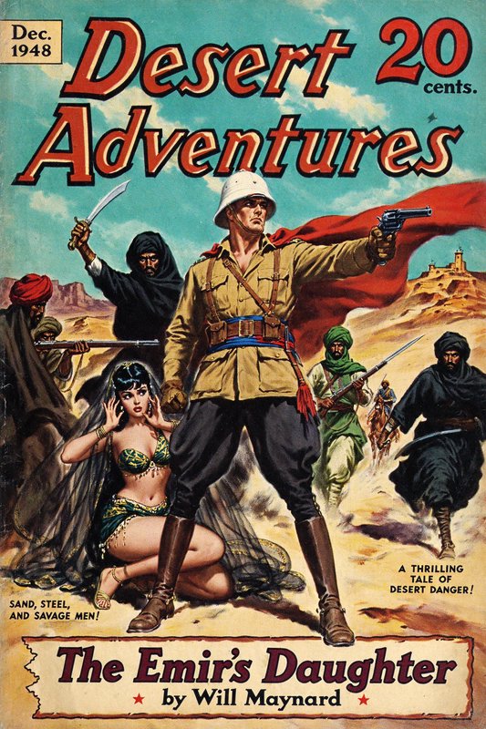 1948 Desert Adventures pulp magazine cover showing an army officer defending a woman from attacki...