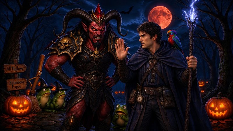 Wizard holding a lightning staff faces a horned armored demon in a spooky Halloween forest under a glowing blood moon
