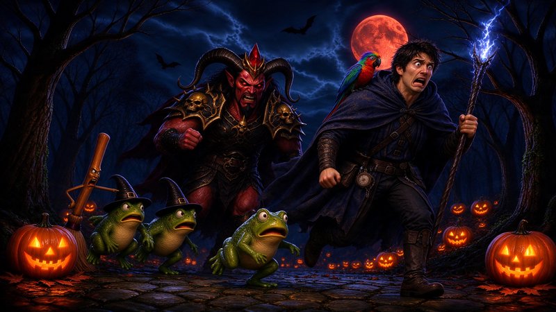Terrified wizard, horned demon, and witch frogs flee a spooky Halloween forest under a glowing red blood moon