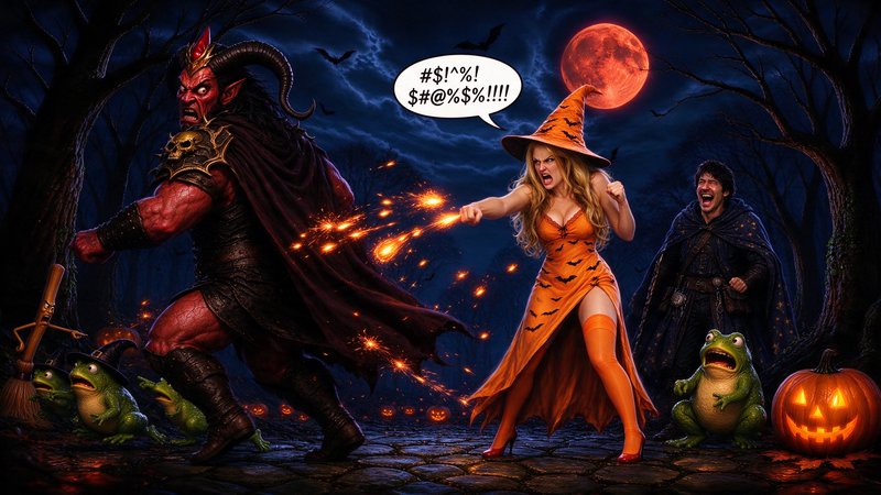 Furious witch casts fiery magic at a horned demon in a spooky Halloween forest under a glowing re...